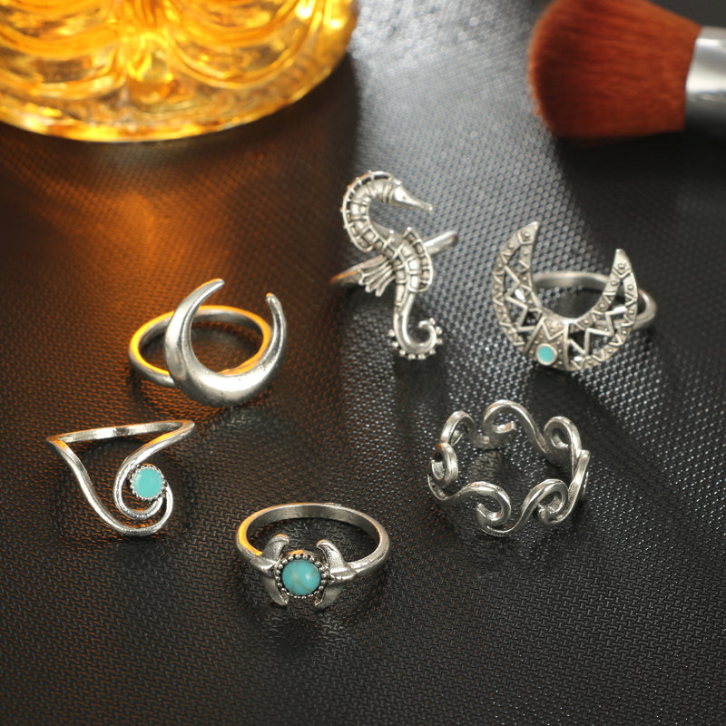 6pcs/Set Bohemia Silver Moon Hippocampi Wave Rings Set Rhinestone Knuckle Finger Midi Rings