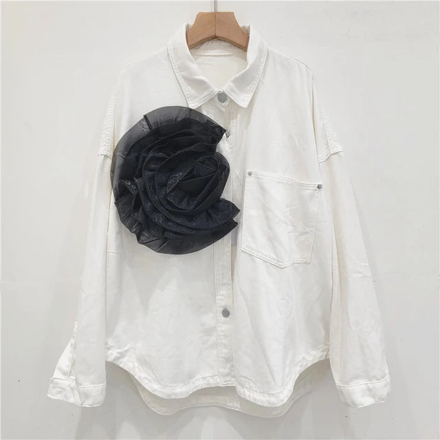 Pleated Flower Decoration Denim Shirt Top For Women  Autumn New Fashion Loose Versatile Casual Blouse Female