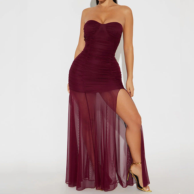 Elegant Slit Halter Neck Fitted Sheath Dress Women Mesh Splicing Sexy Black