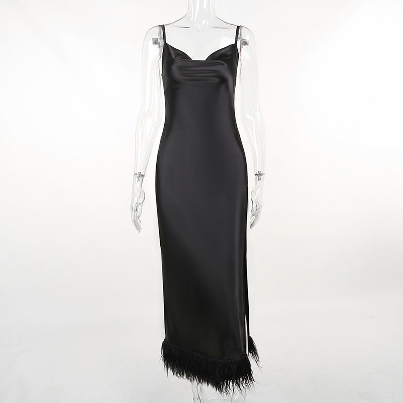 Sling Satin Fur Dress Autumn Fashion Women Sexy Open Back Slit Long Skirt