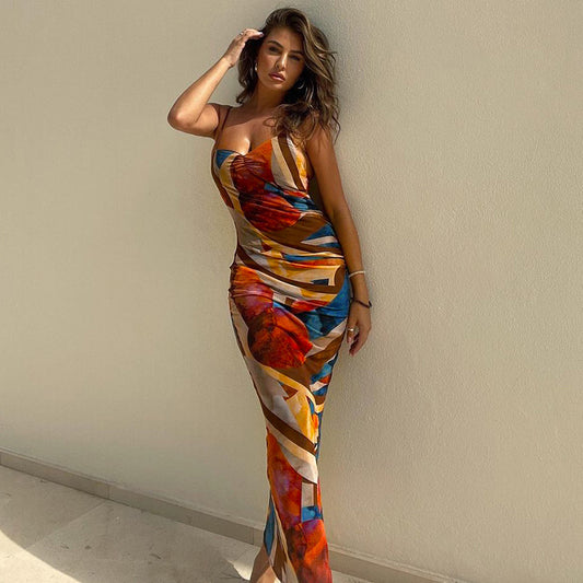 Women Fashion Autumn Sleeveless Printed Bodycon Long Pencil Strap Dress Fall Clothes Streetwear