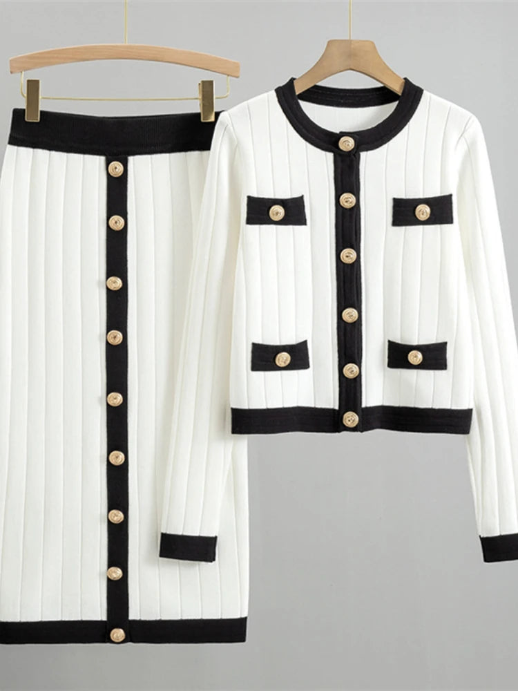 Elegant Temperament Womens Two Piece Set Autumn Winter French Knitted Cardigan Jacket Black Half Skirt Sets Office Commuting Kit
