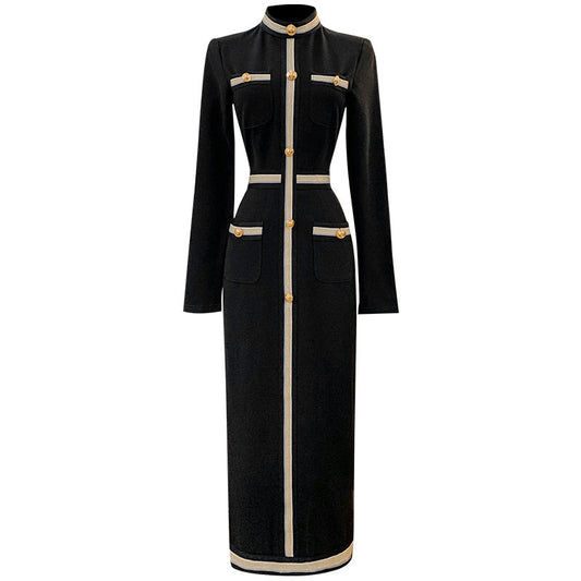 Tingfly Vintage Elegant Black Bodycon Sexy Dark Knee Length Women Dress Button Decor Spring Autumn Casual Dress