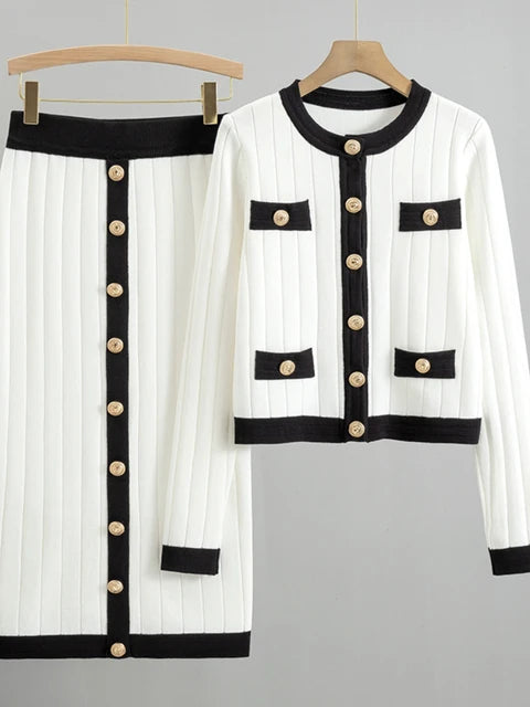 Elegant Temperament Womens Two Piece Set Autumn Winter French Knitted Cardigan Jacket Black Half Skirt Sets Office Commuting Kit