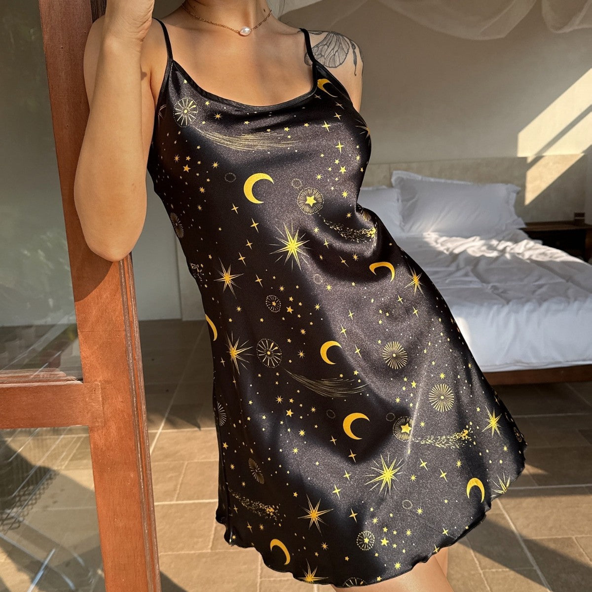 Elegant Star and Moon Pattern Strappy Satin-like Silk Sleep Dress for Women LightweightLoose Fit, Nightwear