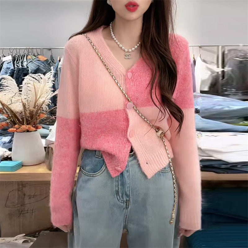 Style Color-Block Plaid V-Neck Knit Cardigan Women