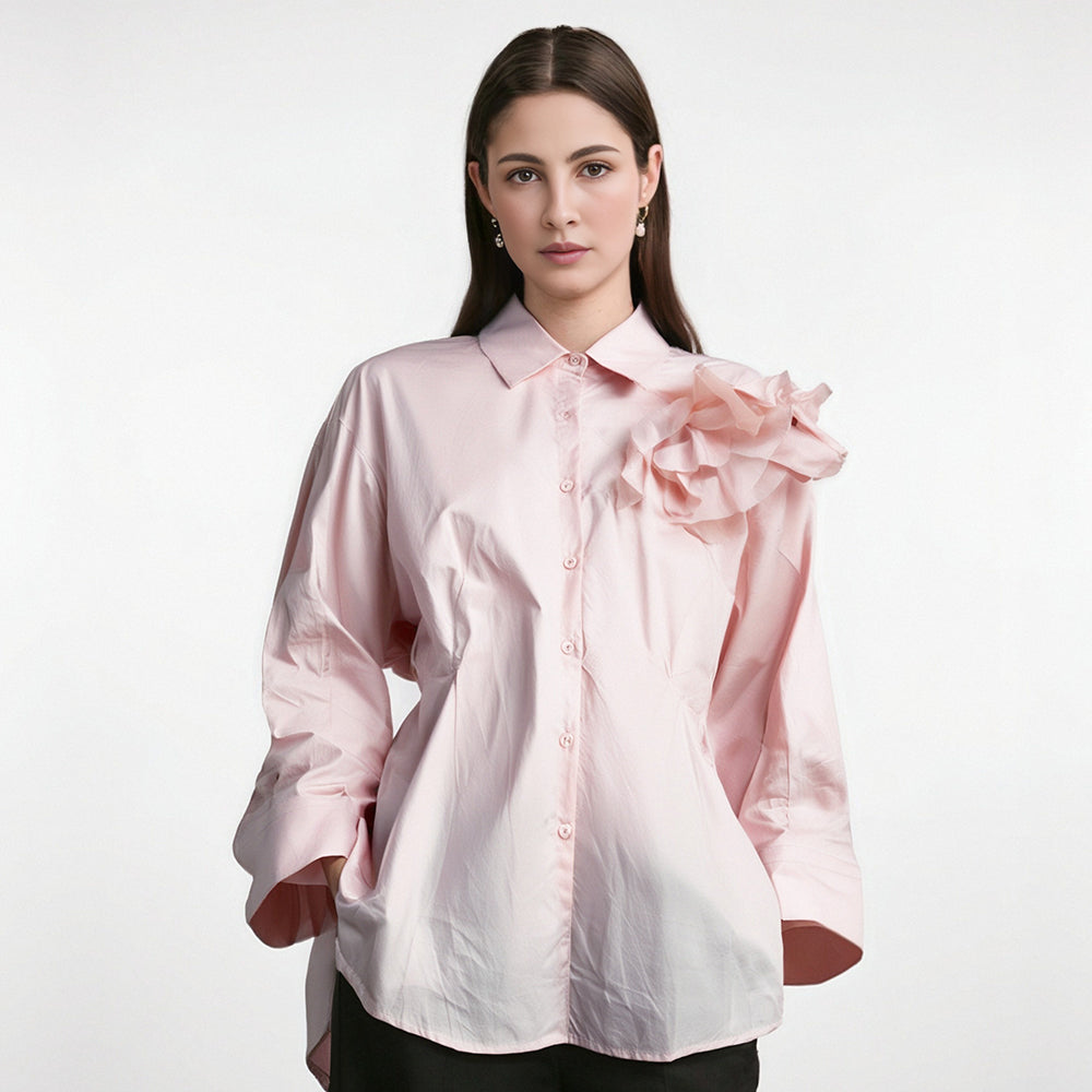 Fashion Three Dimensional Flower Design T-shirts For Women  Autumn New Loose Solid Color Long Sleeved Shirt