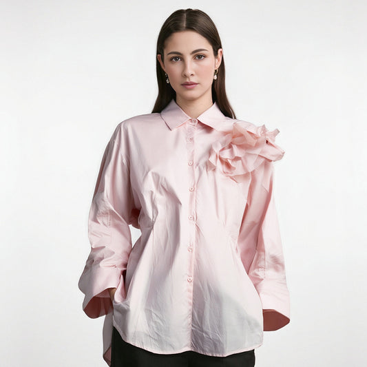 Fashion Three Dimensional Flower Design T-shirts For Women  Autumn New Loose Solid Color Long Sleeved Shirt