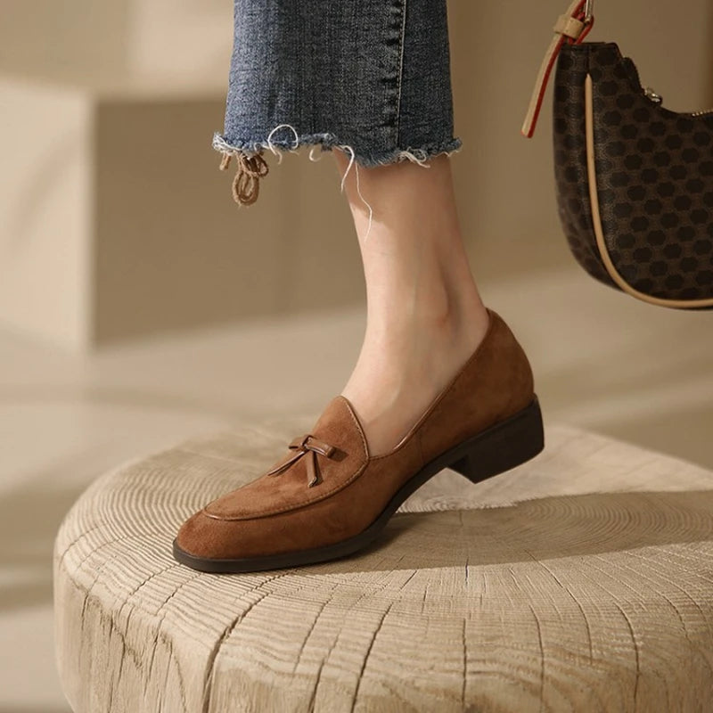 Autumn Women Loafers Genuine Leather Shoes for Women Round Toe Chunky Heel Shoes Casual Bow-knot Low Heel Women Pumps