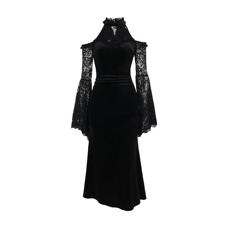 Chic Off-Shoulder Long Sleeve Witch Dress for Women, Dark Gothic Style, Sexy Fitted Maxi Dress