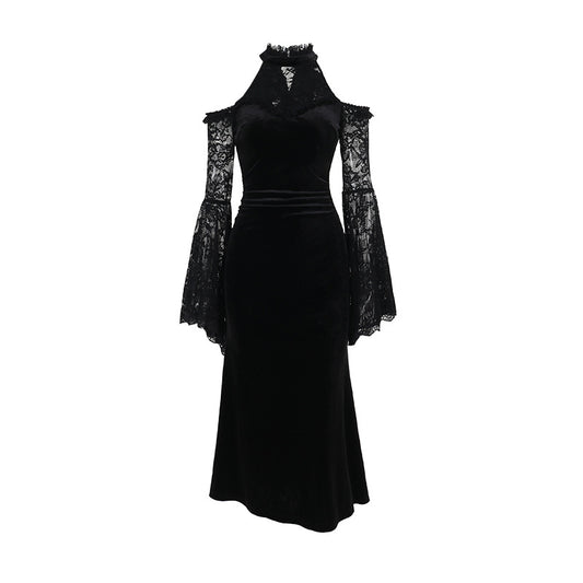 Chic Off-Shoulder Long Sleeve Witch Dress for Women, Dark Gothic Style, Sexy Fitted Maxi Dress