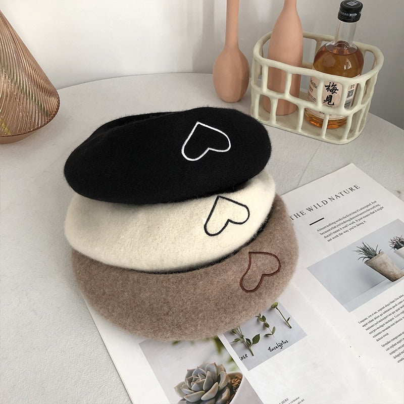 Poetic Wool Beret Hat For Women Heart-shaped Embroidery Painter Hat Retro Casual Octagonal Hat Bonnet Enfant