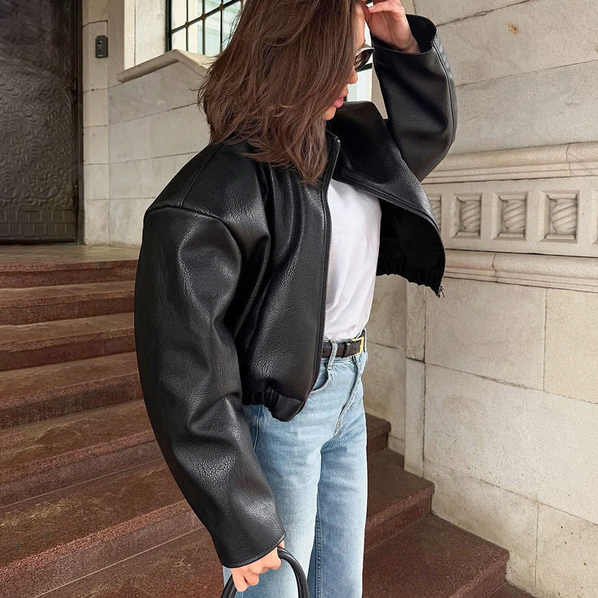 High-Grade Black PU Leather Jacket for Women with Design Sense, Elegant and  Commuter Style