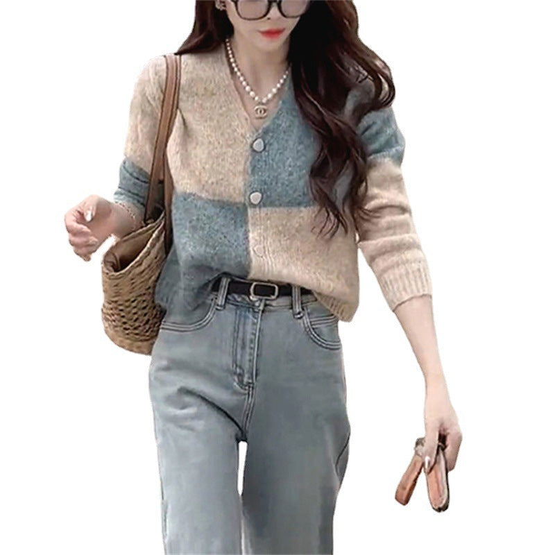 Style Color-Block Plaid V-Neck Knit Cardigan Women