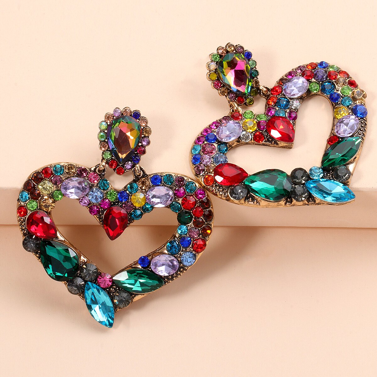 Juran Fashion Heart Shaped Crystal Drop Earrings for Women Colorful Stones Luxury Jewelry Baroque Gorgeous Earrings