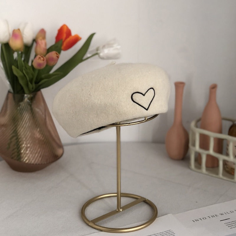 Poetic Wool Beret Hat For Women Heart-shaped Embroidery Painter Hat Retro Casual Octagonal Hat Bonnet Enfant