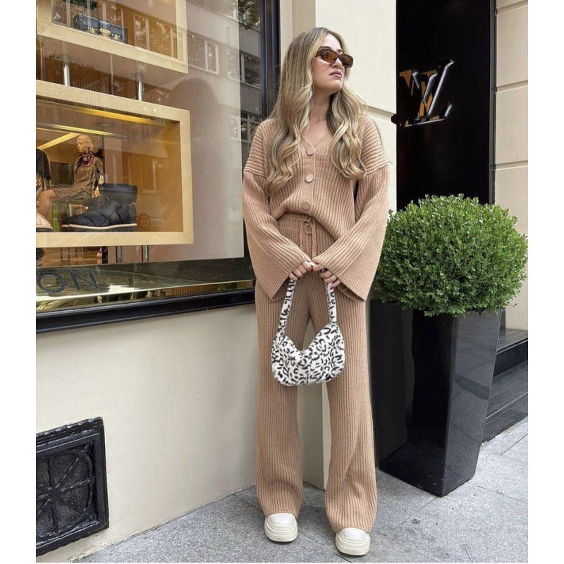 Autumn And Winter New Casual Sweater Knitted Cardigan Pants Two-Piece Set For Women