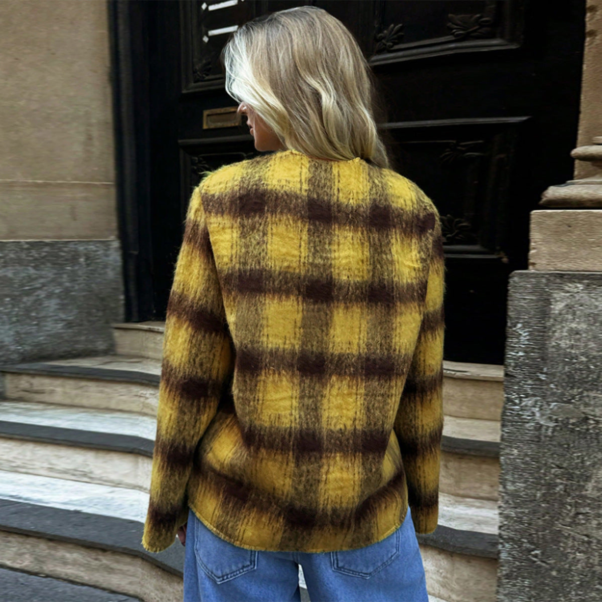 Color woven woolen plaid coat for women in autumn