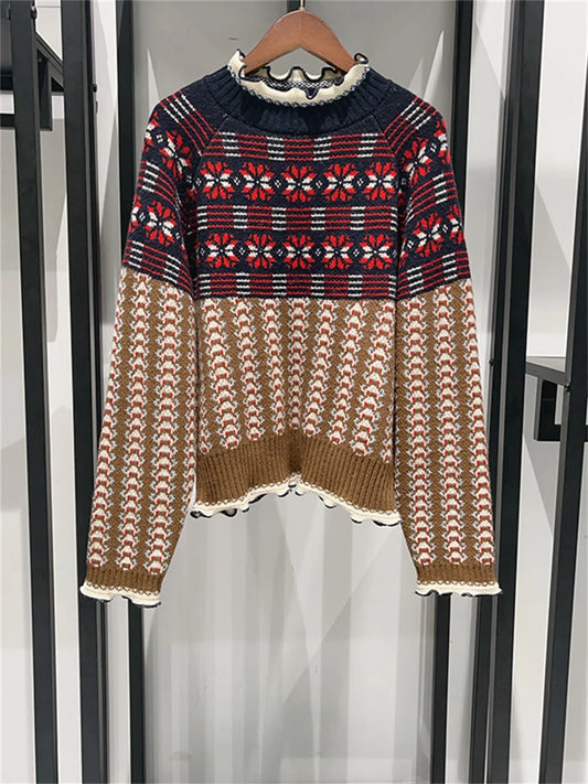 Women Vintage Jacquard Wool Blend Knitted Pullover Tops Early Autumn Stand Collar Long Sleeve Sweater for Ladies