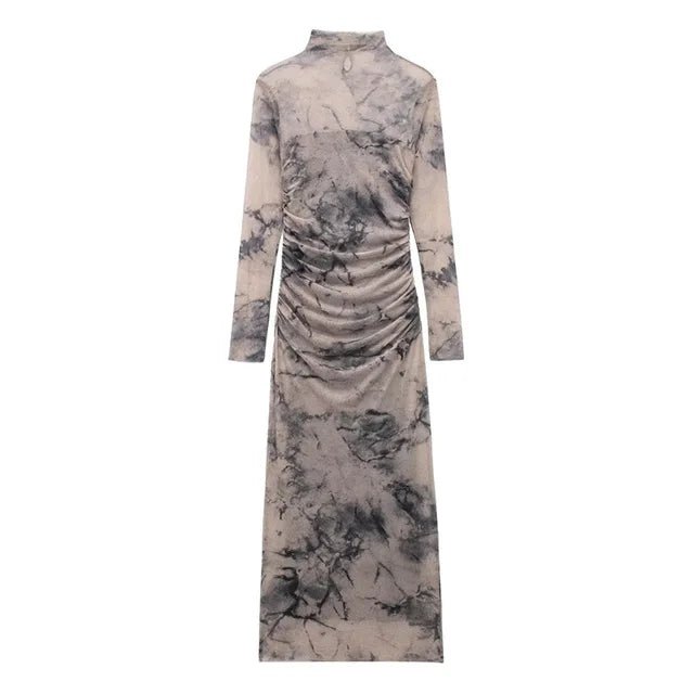 Fashion Elegant Long Sleeve Casual Dresses Women's High Quality Slim Fit Trendy Female Dress Tie-dyed Pattern