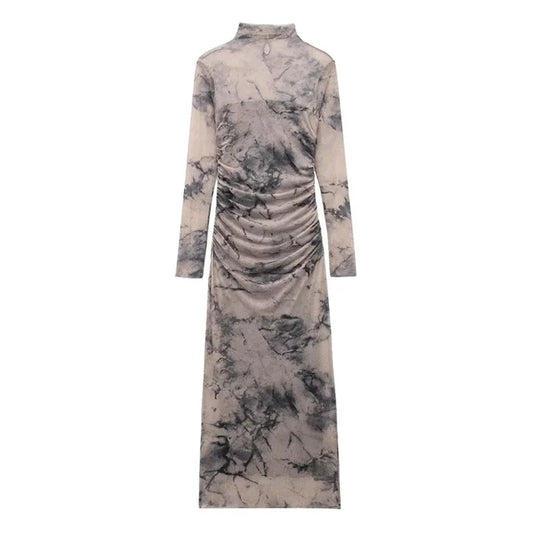 Fashion Elegant Long Sleeve Casual Dresses Women's High Quality Slim Fit Trendy Female Dress Tie-dyed Pattern