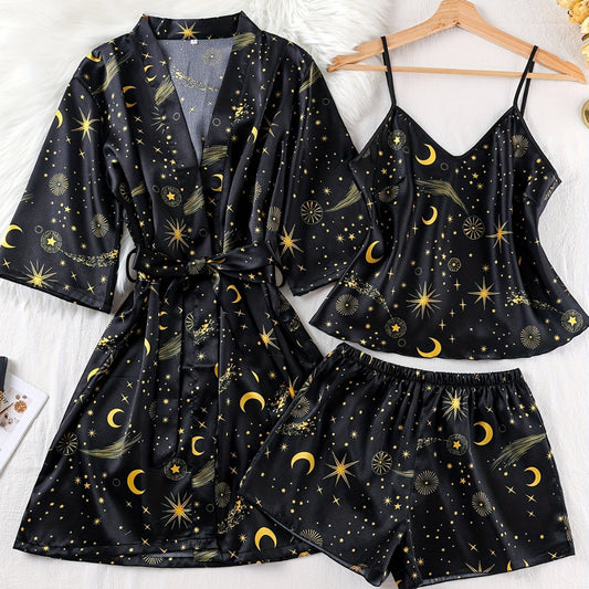 Ladies' Sleepwear Set with Star and Moon Design, Silk-like Satin Robe and Silk-like Strap Shorts