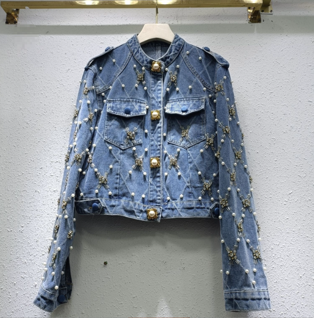 Women's Denim Jacket O-neck Embroidered Flares Diamond Badge of Pearls Buttons Plaid Elegant Coat  Autumn