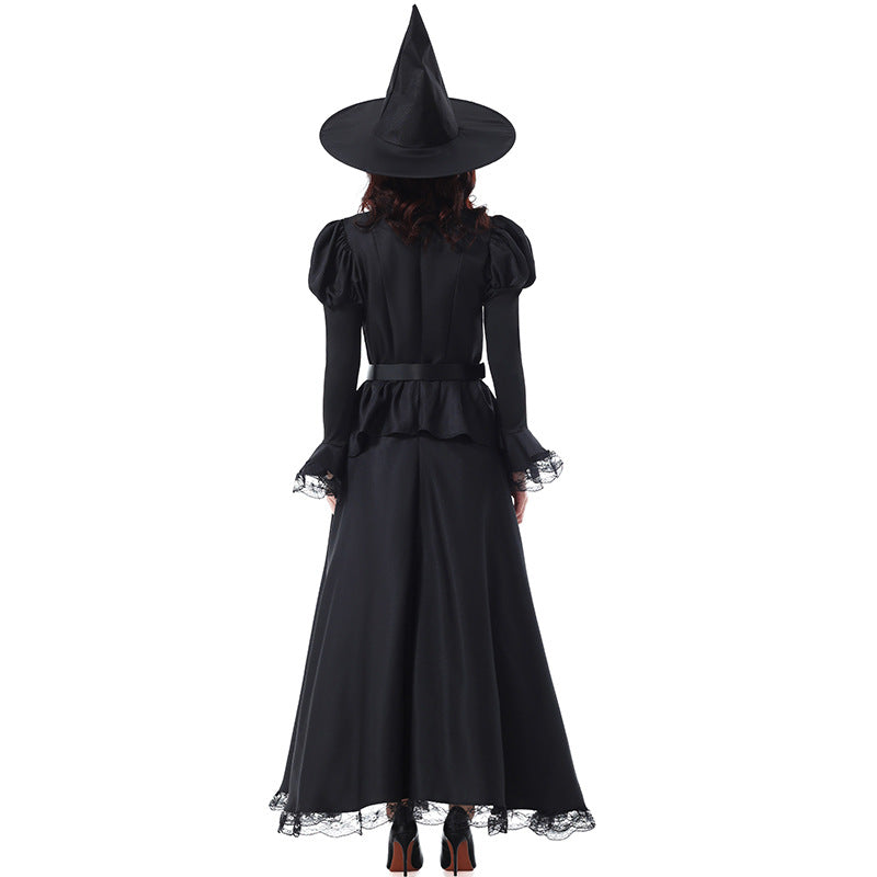 Halloween Costume Party Movie Character Performance Dress Witch Black Elegant Lace Witch Long Dress Magician