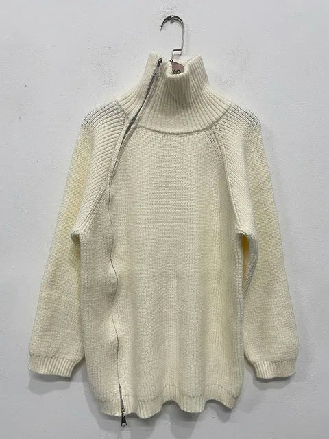 Temperament Turtleneck Solid Color Loose Sweater Cardigan For Women Casual Zipper Knitted Coats Top  Autumn New
