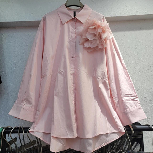 Fashion Three Dimensional Flower Design T-shirts For Women  Autumn New Loose Solid Color Long Sleeved Shirt