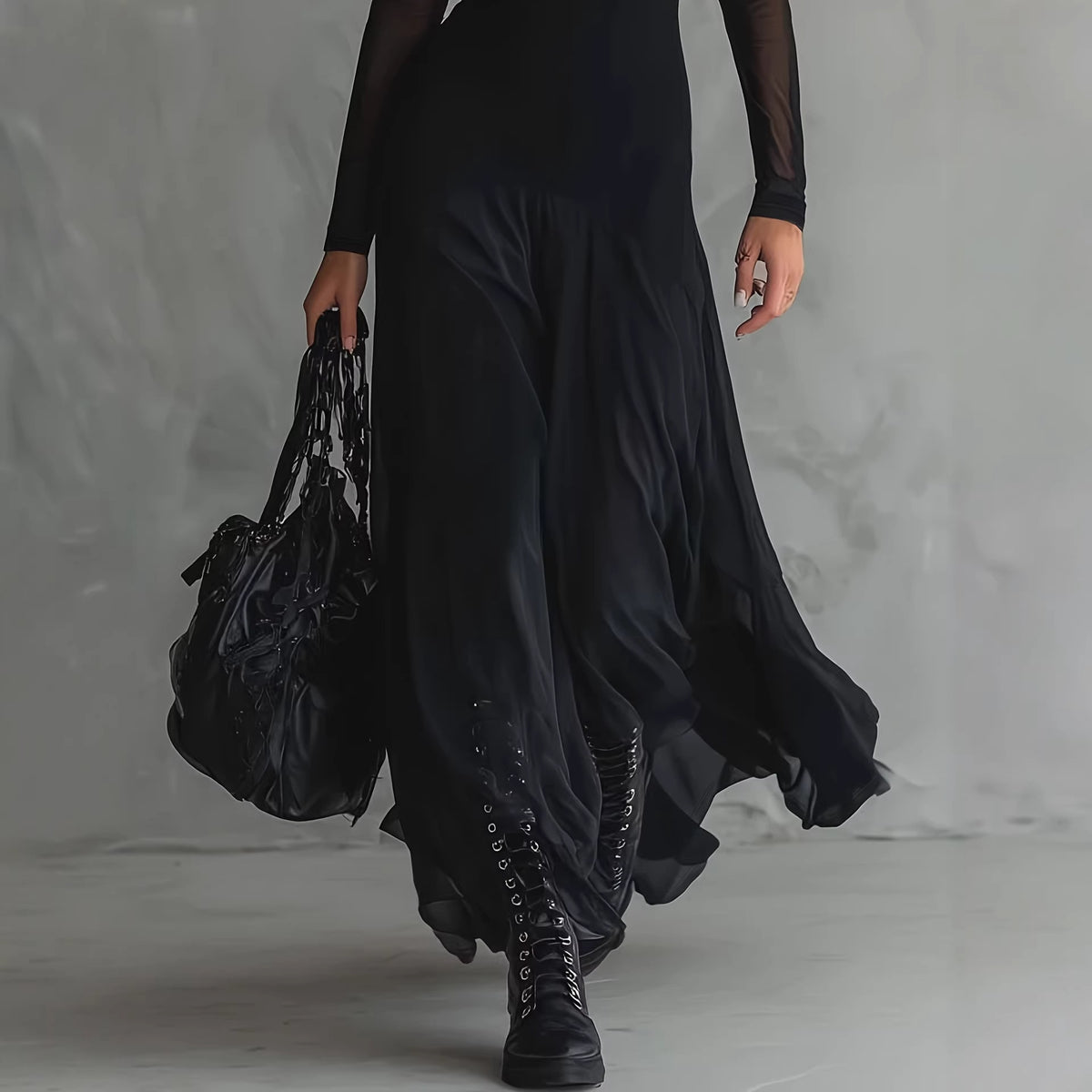 Elegant women's black see through mesh long sleeved dress