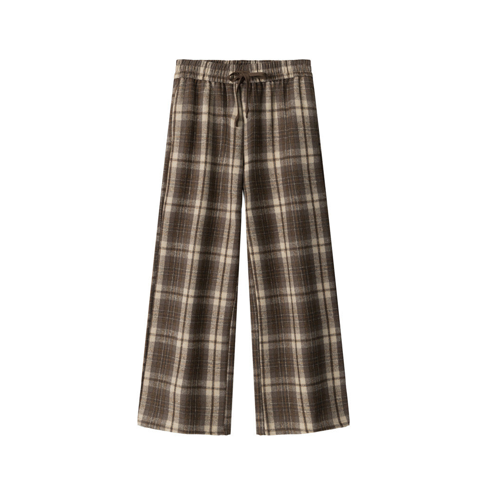 Plaid Casual Pants Women Vintage Straight Loose Wide Leg Pants