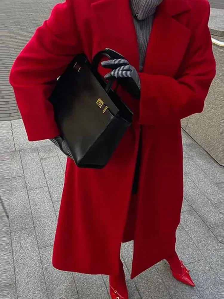 Red Long Wool Coat Lapel Elegant Single Breasted Woolen Coats Fashion Slim Fit Warm Pocket Overcoat Winter Women's Outwear Tops