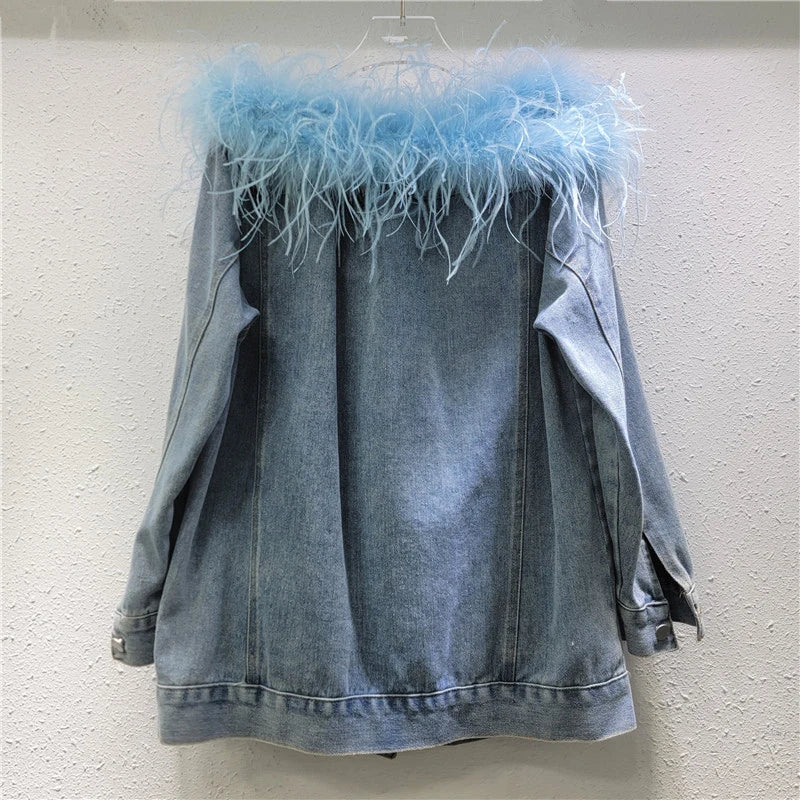 Women's Fashion Feather Patchwork Slash Neck Single Breasted Denim Coats Spring New Items Loose Jackets