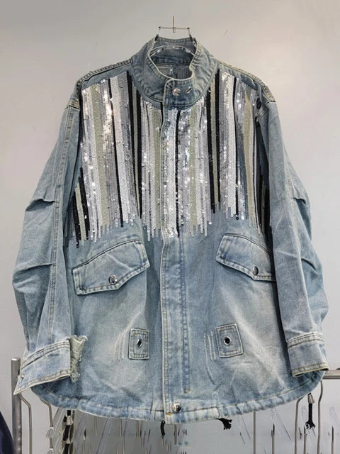 Autumn Trendy Fashion Women Striped Sequins Design Loose Denim Coat Turn-down Collar Long Sleeve Jacket
