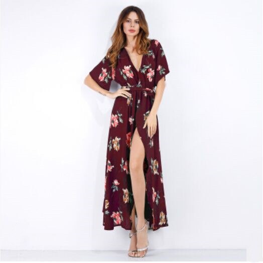 Dress Short Sleeve A Line  Floral Print Chiffon Deep V-Neck Split Sexy Women Summer Dresses Bohemian Beach Elegant Party Vestido