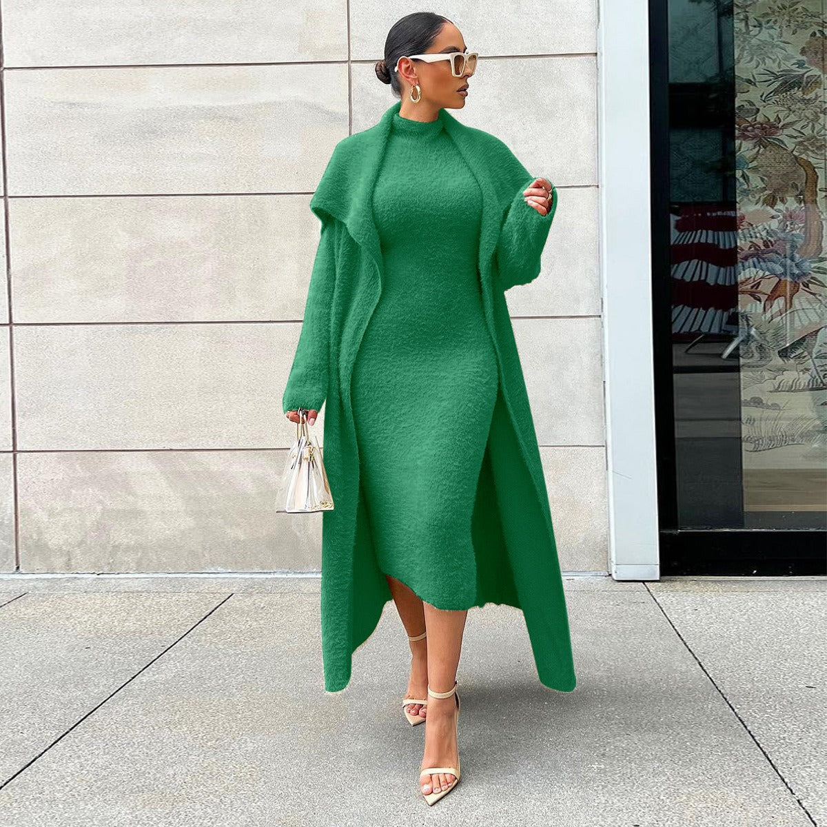 Women's autumn and winter new fashionable loose cardigan jacket double-sided velvet dress set for women
