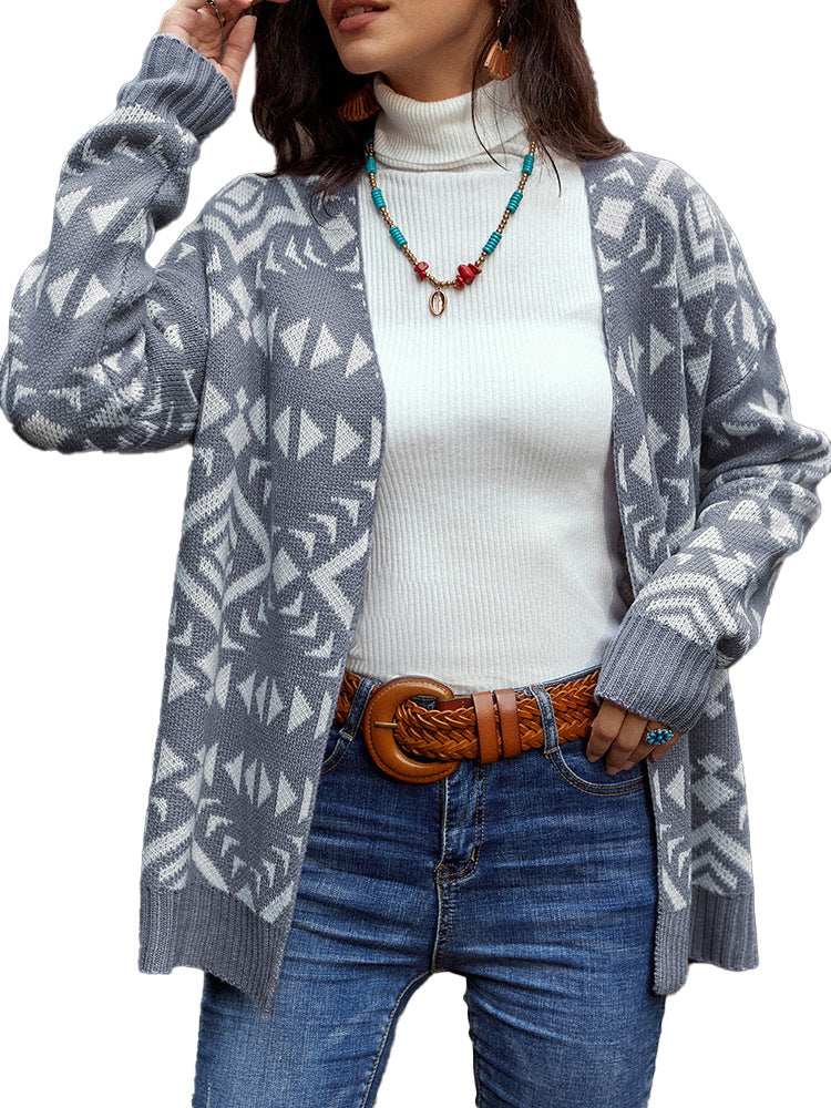 Autumn And Winter Cardigan Sweater Geometric V-Neck Long-Sleeved Coat Top Women
