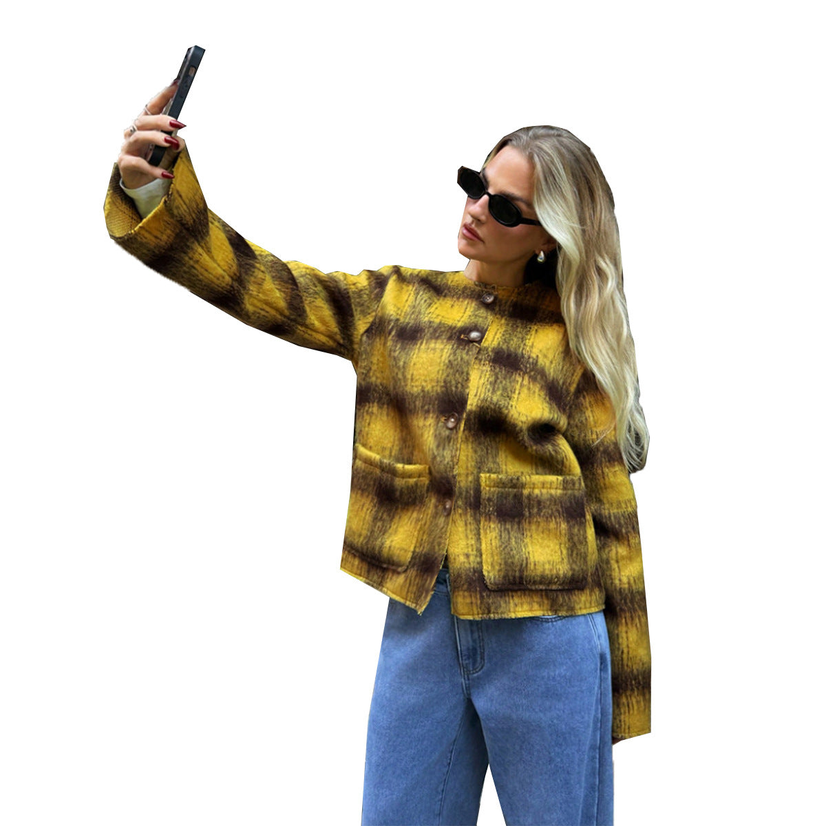 Color woven woolen plaid coat for women in autumn