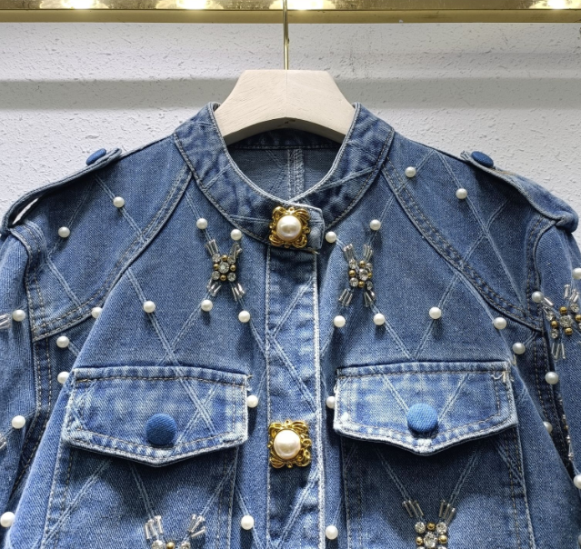 Women's Denim Jacket O-neck Embroidered Flares Diamond Badge of Pearls Buttons Plaid Elegant Coat  Autumn