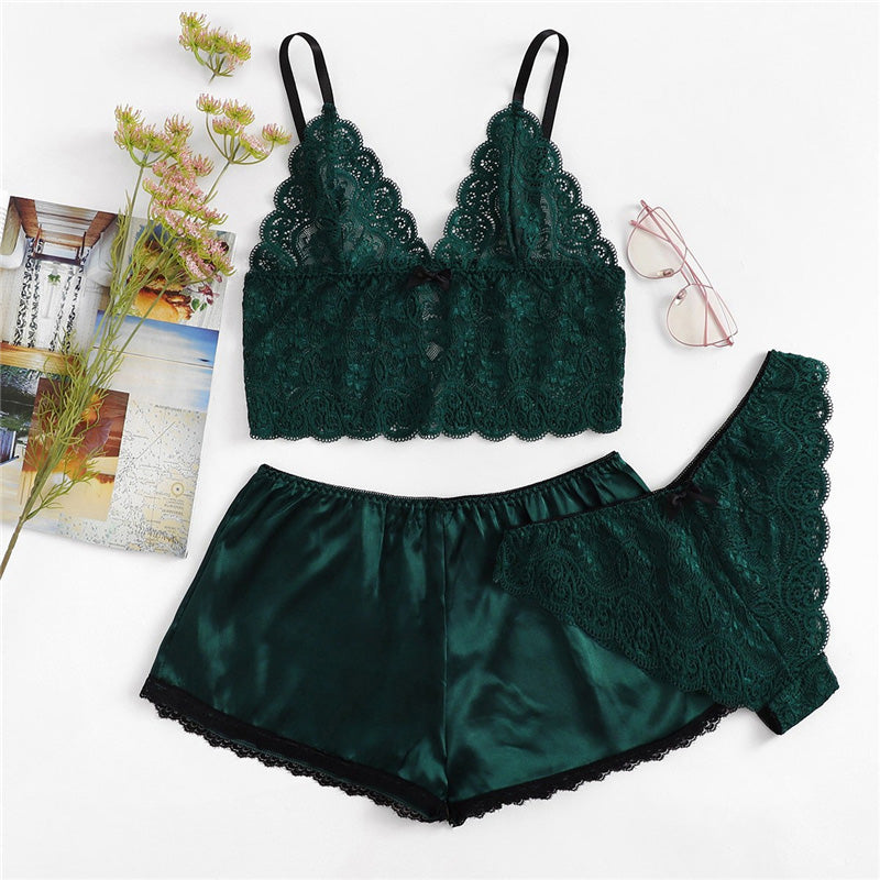 LA BELLA Army Green Sexy Floral Lace Cami Lingerie Set Burgundy Women Bra And Brief Sets Wireless Sexy Underwear Bra Set