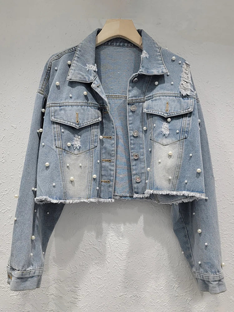Badge of Pearls Distressed Washed Single Breasted Short Jackets  Autumn New Fashion