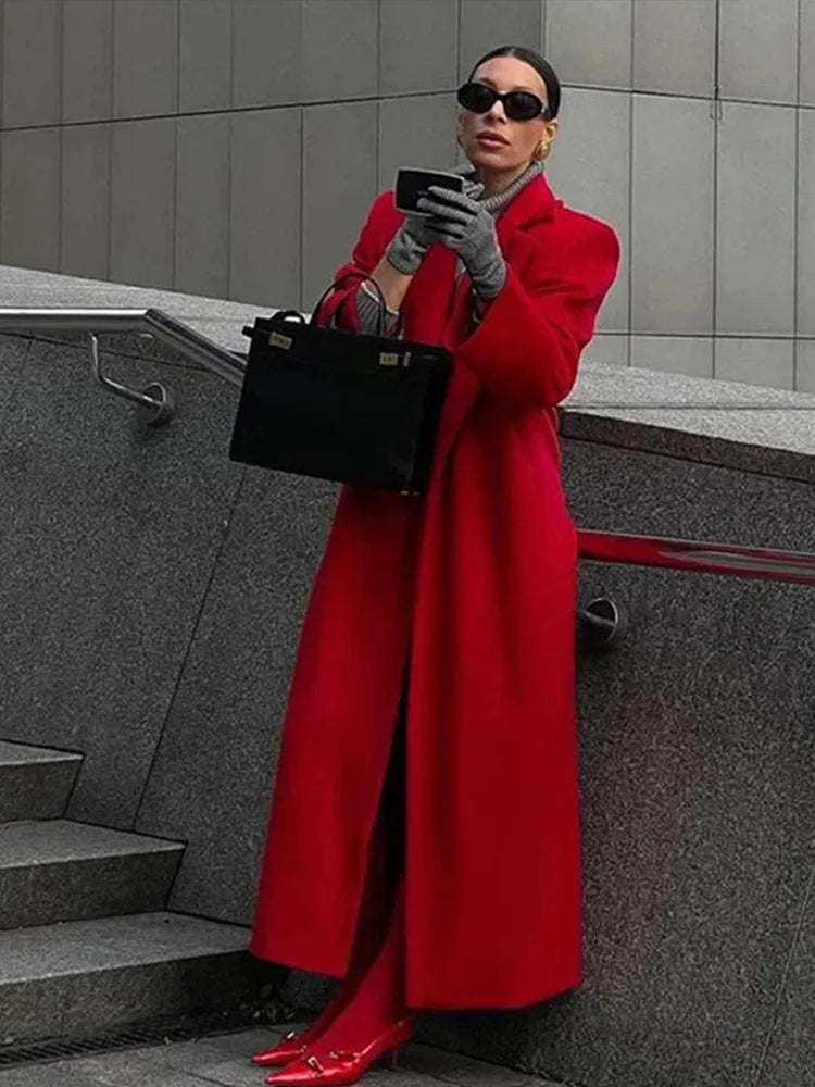 Red Long Wool Coat Lapel Elegant Single Breasted Woolen Coats Fashion Slim Fit Warm Pocket Overcoat Winter Women's Outwear Tops