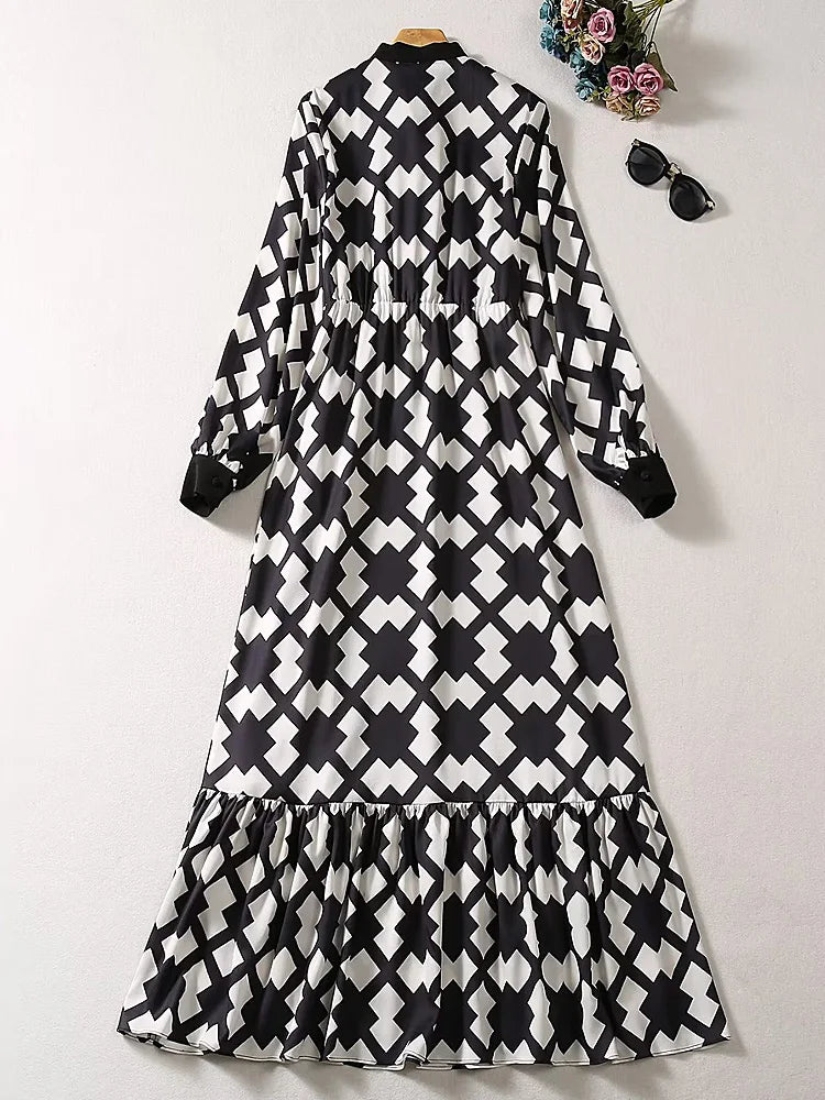 New High Quality Spring Autumn Fashion Party Black And White Printed Lace Up Slim Vintage Elegant Casual Long Dresses For Women