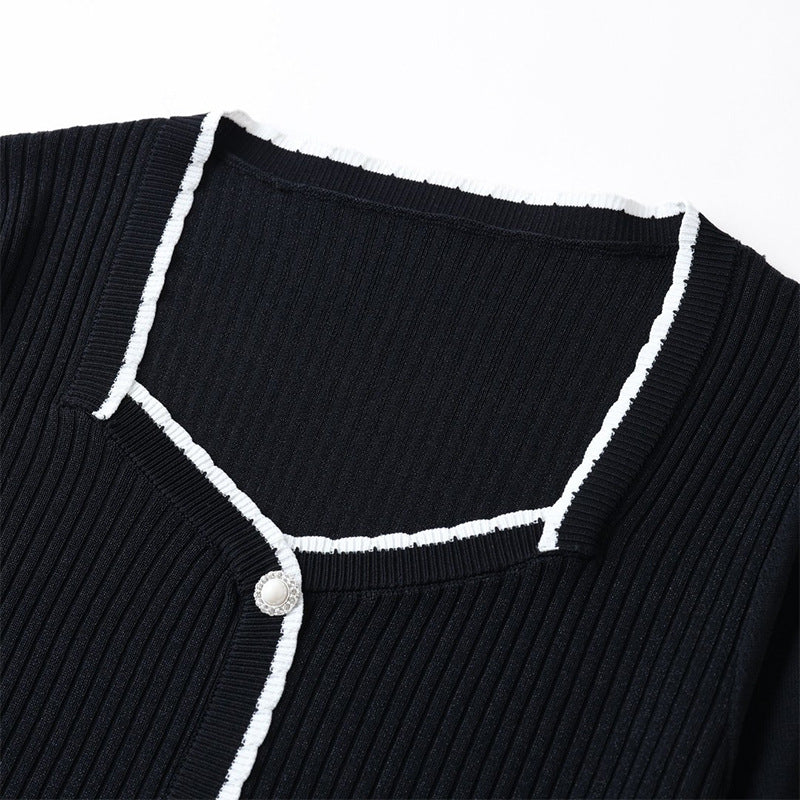 Chic Black Square Neck Knit Top for Women, Minimalist Slim Fit, Elegant and Flattering Short Sleeve Sweater