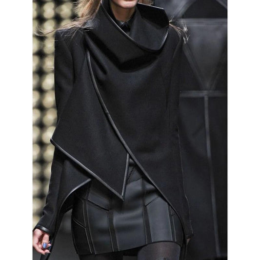 Fashion Asymmetric Solid Color Split-Joint High-Neck Jackets New Long Sleeves Casual Coats For Women