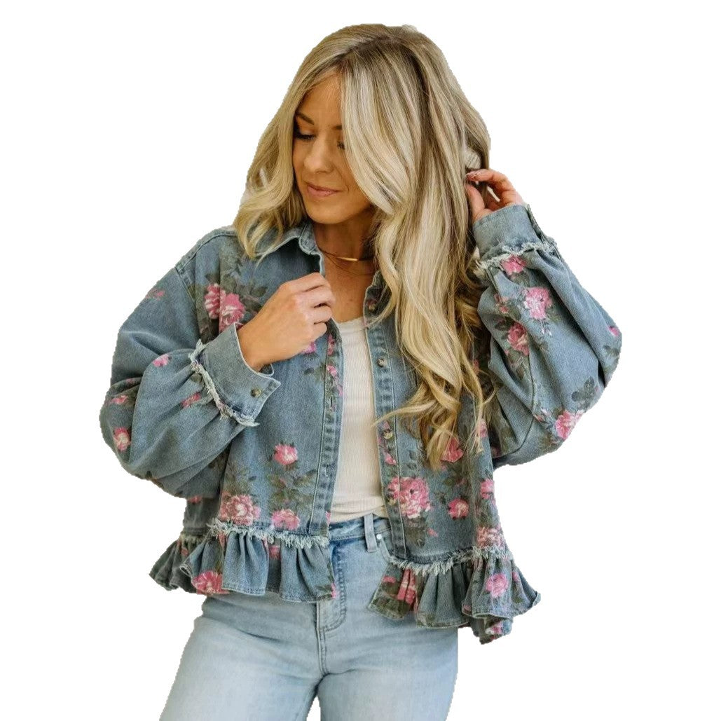 New Style Retro Washed Denim Jacket with Floral Print Loose Fashion Long Sleeve Shirt for Women