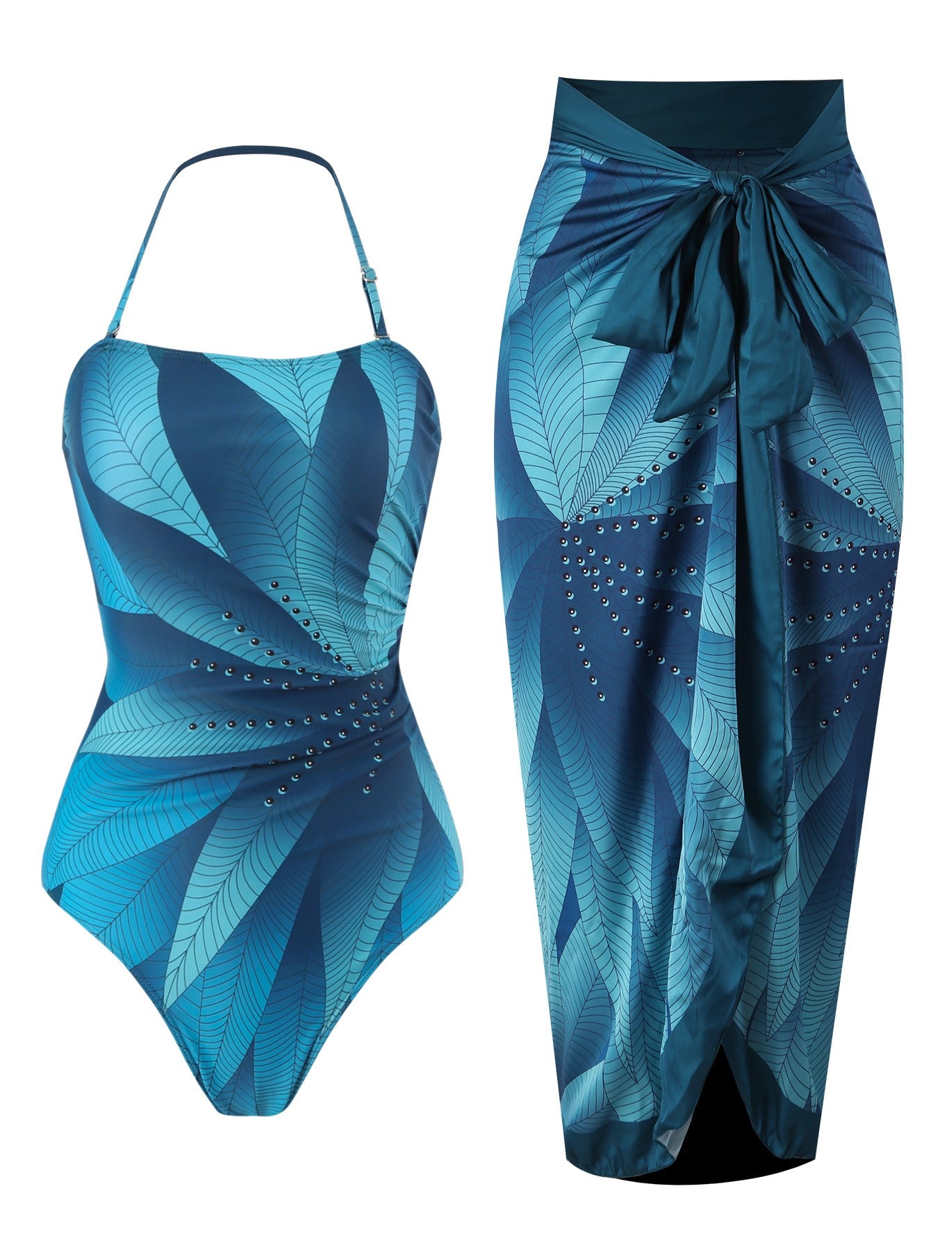 BORIKEN one-piece two-piece swimsuit leaf print hip-covering long skirt conservative halterneck swimsuit for women