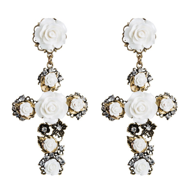 Fashionable Baroque Rose Flower Cross Long Earrings Retro European and American Earrings