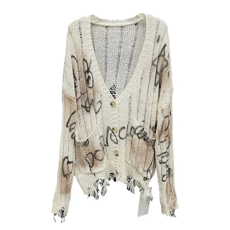 Autumn New Collection Women Knitted Cardigan Letter Pattern Loose Hole Design Single-breasted Fashion Sweater